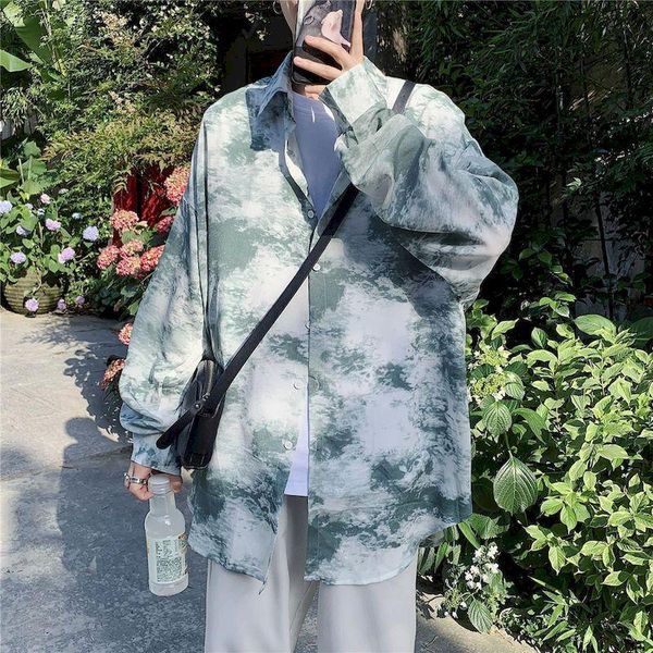 

men's casual shirts sunscreen shirt women blouses men autumn loose long-sleeved korean personality western style tie-dye printing punk, White;black