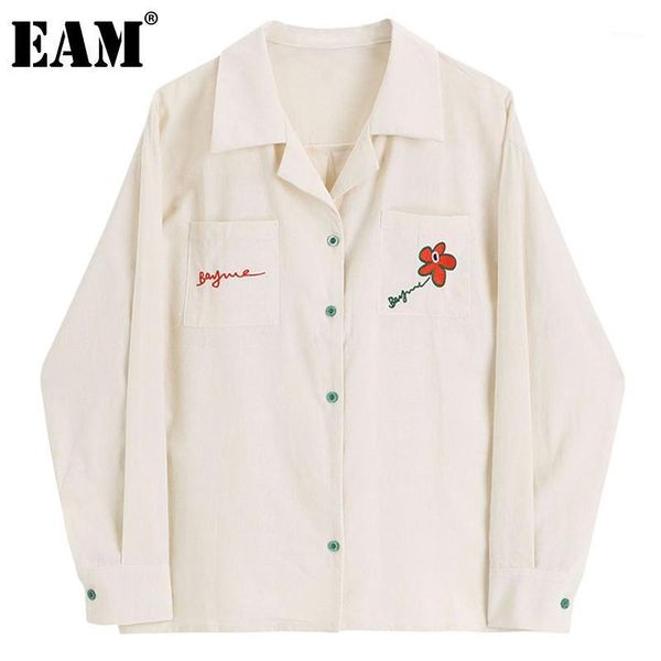

eam] women embroidery stitch big size blouse new lapel long sleeve loose fit shirt fashion tide spring autumn 2020 1dc8831, White