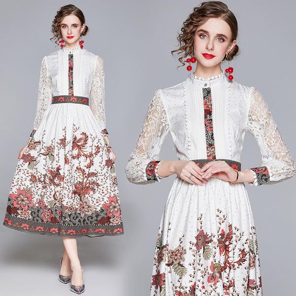

casual dresses simgent woman dress lace patchwork lantern sleeve stand collar elegant long print femme robe vestidos jurken sg010224, Black;gray
