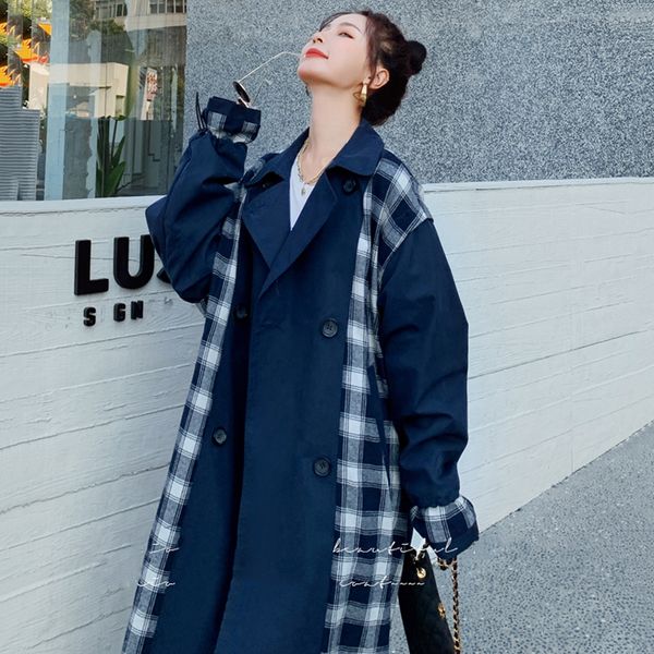 

lanmrem autumn double-breasted plaid print split long trench coat turn-down collar chic korean navy blue windbreaker women 2a750 1028, Tan;black
