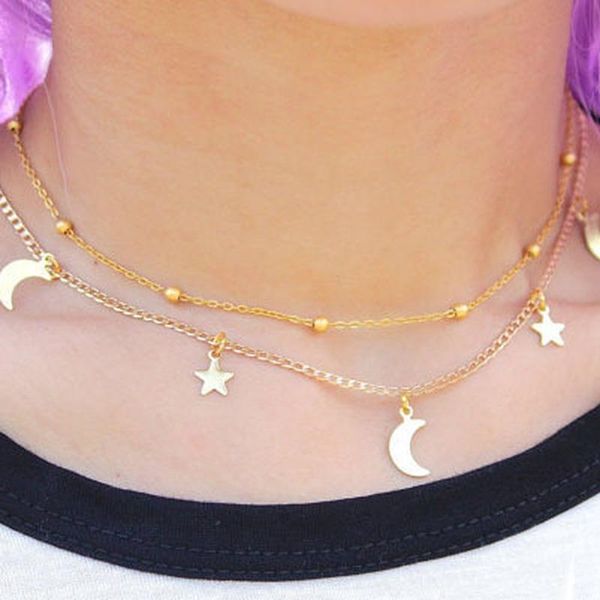 

moon necklace women bohemian style multi-layer tassel star moon pendant chain necklaces women's jewelry collares kpop, Golden;silver