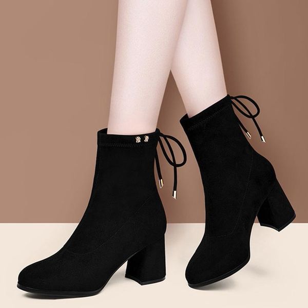 

boots 2021 winter high heels ankle black flock woman boot back cross-tied ladies shoes plush faux suede botas mujer 8762n