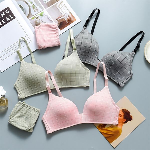 Wasteheart Neue Mode Frauen Lila Rosa Sexy Dessous Plaid Einteilige Bralette Baumwolle Höschen Wireless BH Sets Dessous A B Y200708