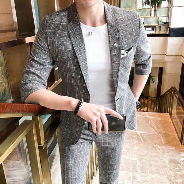 

2020 new pattern male sleeve man's suit plus 7 part majestic pants youth self-cultivation check twinset fashion thin black, White;black