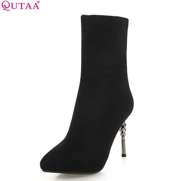 

qutaa 2020 socks boots thin high heel pu leather pointed toe women mid calf boots winter shoes women motorcycle size 34-43, Black