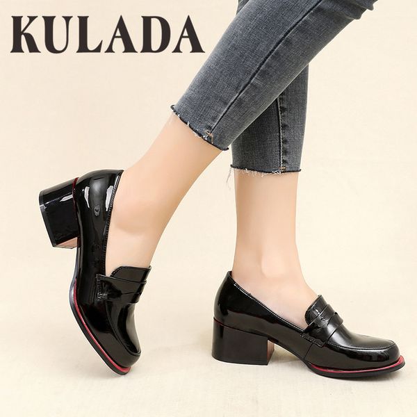 

kulada new women pumps shoes patent leather thick heel shoes women round toe pumps fashion ladies pull-on shoes spring autumn 1007, Black;white