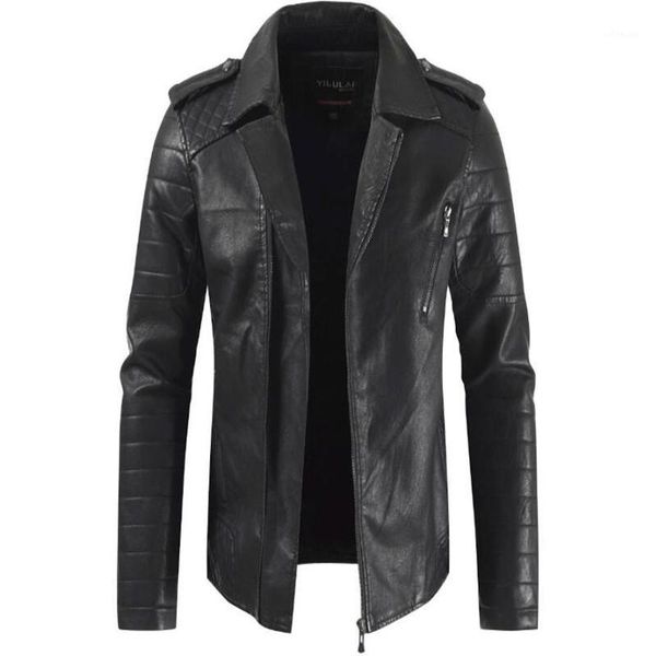 

men's new autumn/winter suit collar thickened zipper leather jacket long sleeve coat faux leather turn-down collar casual solid1, Black