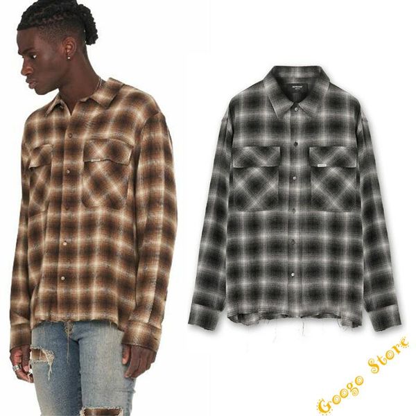 

flannel classic plaid handmade hem distressed represent long sleeve shirts high street metal logo cargo pocket top, White;black