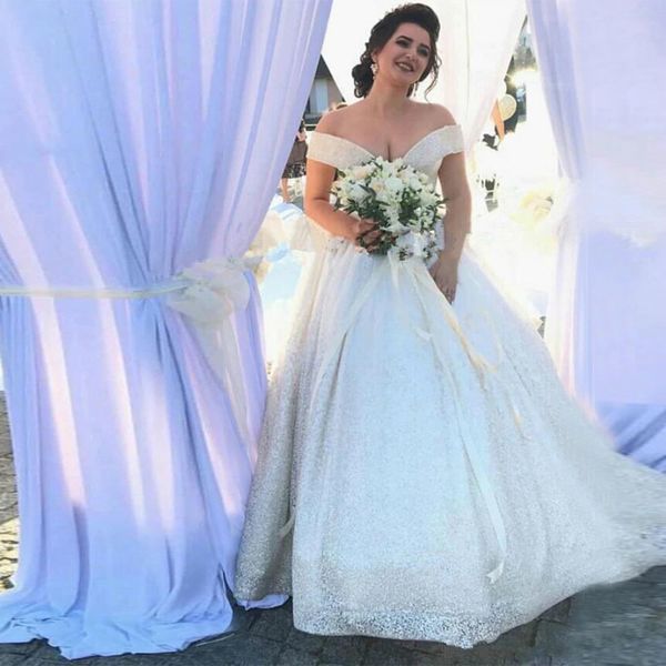

sequins off the shoulder ball gown wedding dress with sweep train vestido casamento beaded lace up back wedding gowns bride dress, White