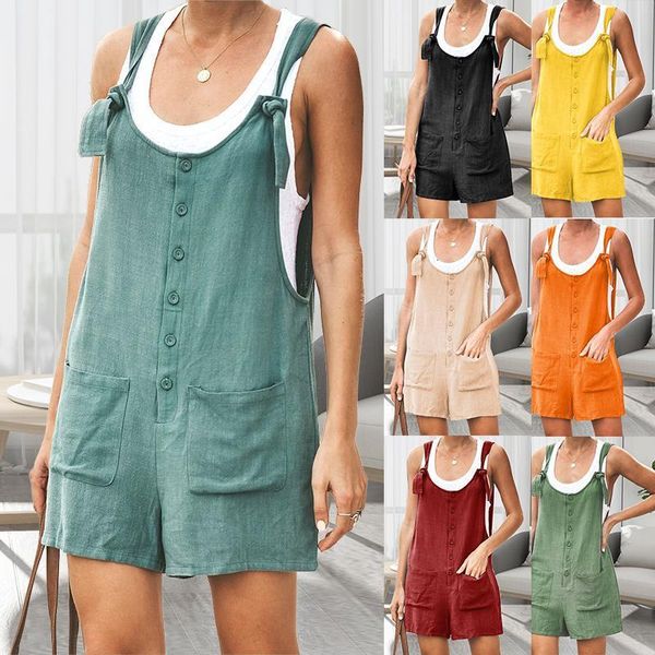 

women jumsuit cotton linen rompers solid button pocket summer short jumpsuit casual loose straps playsuit overalls short pants, Black;white