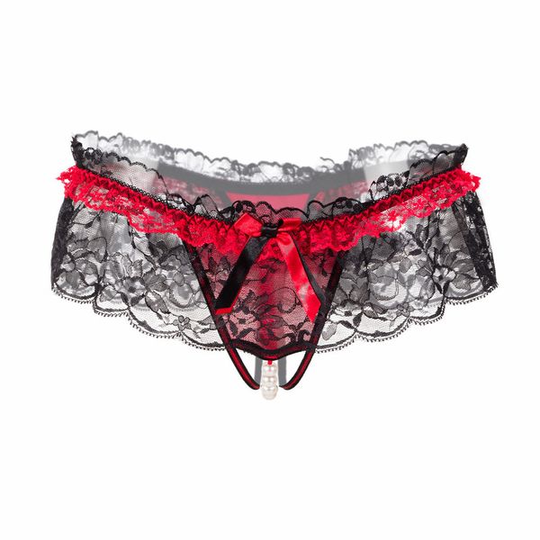 

women's lace low-waist seamless panty underwear cute hollow thong with pearl transparent seductive briefs n50, Black;pink