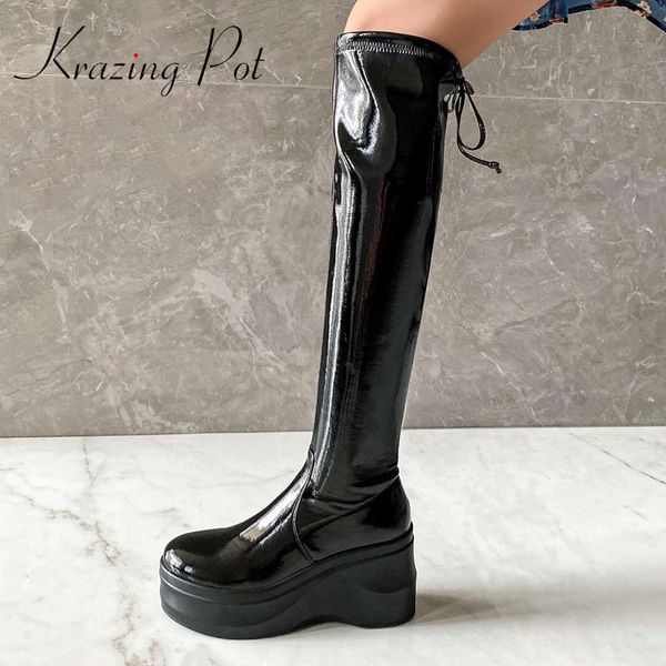 

krazing pot round toe super high heel wedges concise style solid stretch boots winter keep warm fashion over-the-knee boots l23, Black