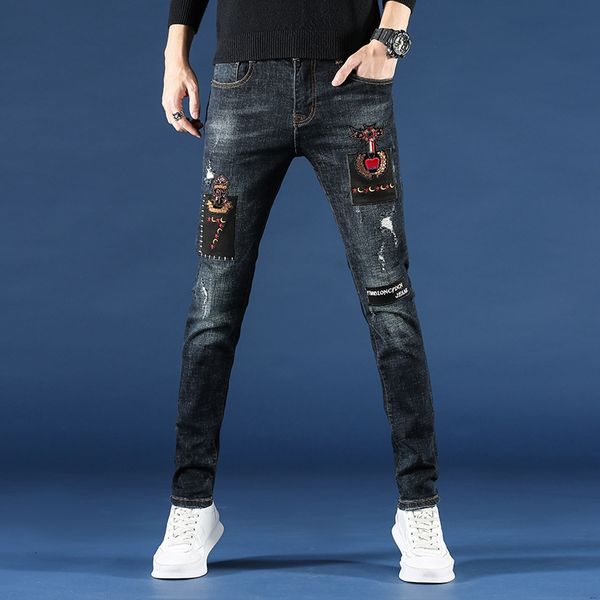 

2019 новых осенние повседневных брюки jeansjeans и jeansmen вышитых джинсов игровой мужской мода случайных брюки тонкие ноги корейская верси, Blue