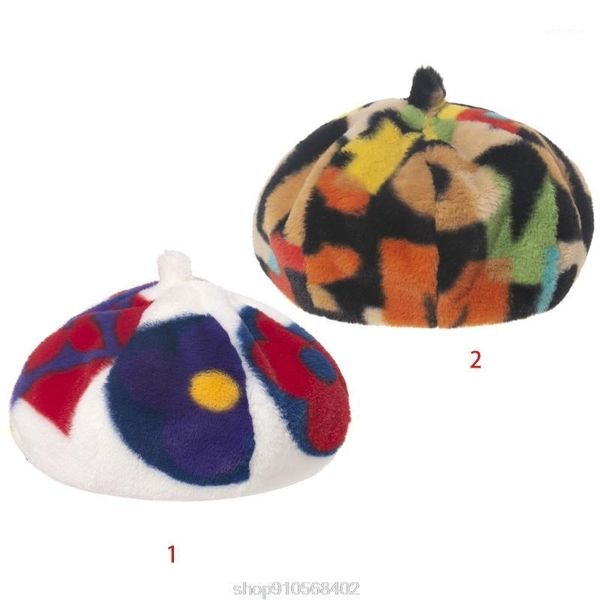

women winter warm fuzzy plush beret cap abstract graffiti letters floral printed vintage painter beanies hat n25 20 dropshipping1, Blue;gray