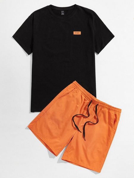 

men letter patch tee and shorts set q6pw#, Gray