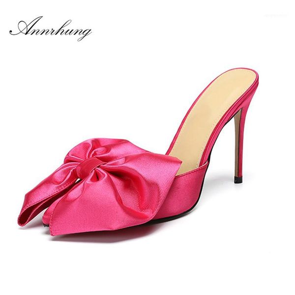 

sweet big butterfly-knot pink satin slippers women pointed toe 10cm thin high heel shoes catwalk stiletto mules for women1, Black