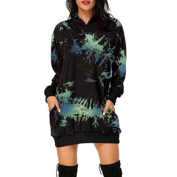 

women tie dye hoodies dress long sleeve wide waisted hooded pullover dresses ladies loose clothes, Black;gray