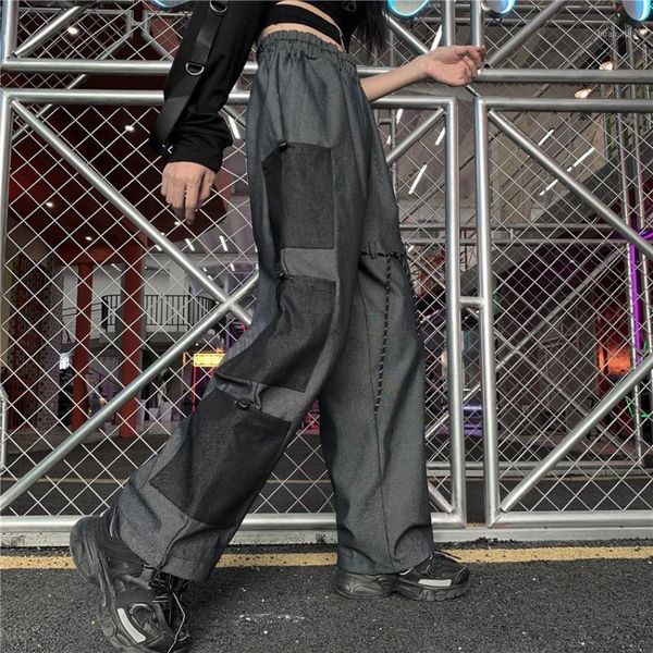 

loose high waistband cargo jogger streetwear punk patchwork contrast pocket ribbon pant harajuku hip hop plus size harem korean1, Black;white
