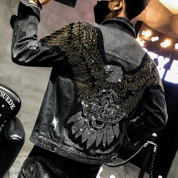 

new 2020 punk style fashion eagle embroidered patch jean jacket men denim jackets streetwear slim black jacket men c1108