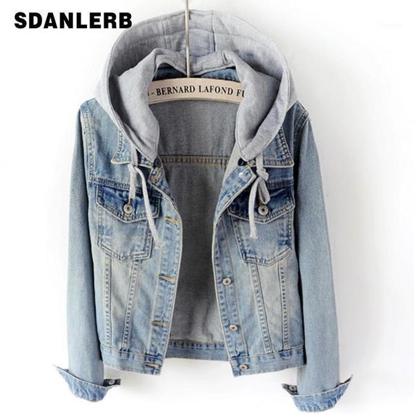 

plus size s-5xl2020 spring autumn hooded drawstring boyfriend women blue long sleeve single breasted denim jacket1, Black;brown