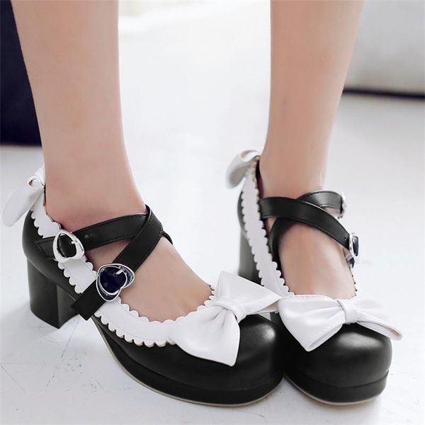 

dress shoes agodor women lolita platform spring block heels ankle strap pumps with bow big size, Black