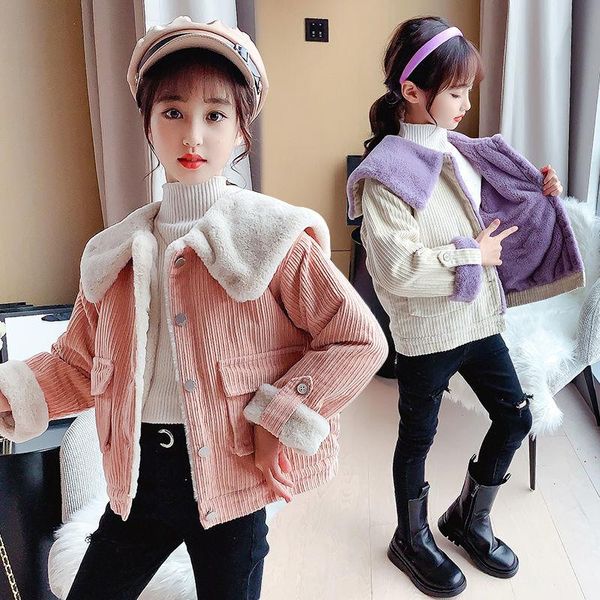 

2021 autumn winter new faux fur coat for girls kids single breasted corduroy jackets for girls thicken warm pockets coats d106, Blue;gray