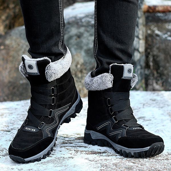 

leather men boots winter with fur super warm snow boots men winter work casual shoes sneakers high rubber ankle boots female 201026, Black