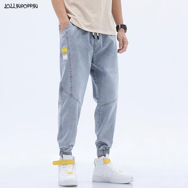 

men light blue denim jogger pants drawstring elastic waist letters embroidery washed mens ankle length gray jeans elastic1