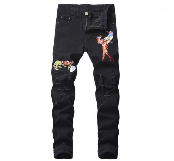 

men's phoenix embroidery slim ripped jeans fashion black distressed flower patch high stretch cotton denim pants size 40 421, Blue