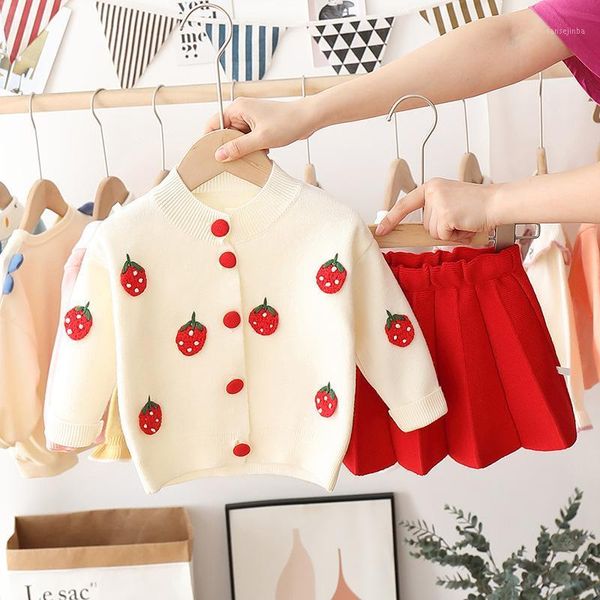 

baby girl's autumn sweet fruit long sleeve sweater cardigan + solid color pleated skirt princess two piece suit sweet skirt kids1, White