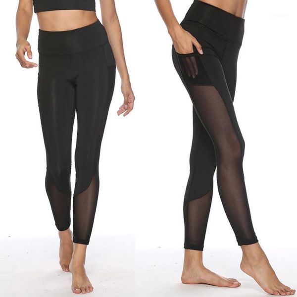 

yoga outfits women net yarn sports ankle-length pants with pockets high waist abdomen control durable bodybuilding fitness leggings1, White;red