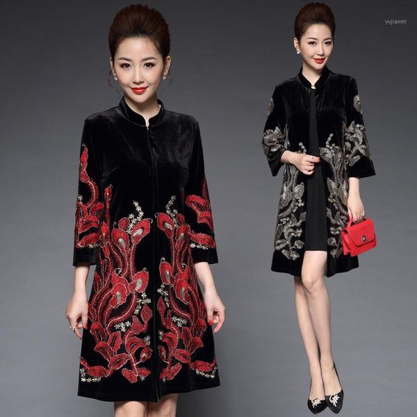 

spring fall womens mandarin collar embroidery black velvet trench coat , red golden flower 5xl 6xl loose velour coats for women1, Tan;black