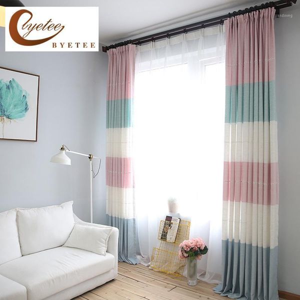 

[byetee] window curtain modern living room bedroom cotton linen stripe customization kitchen ready made curtains for blackout1