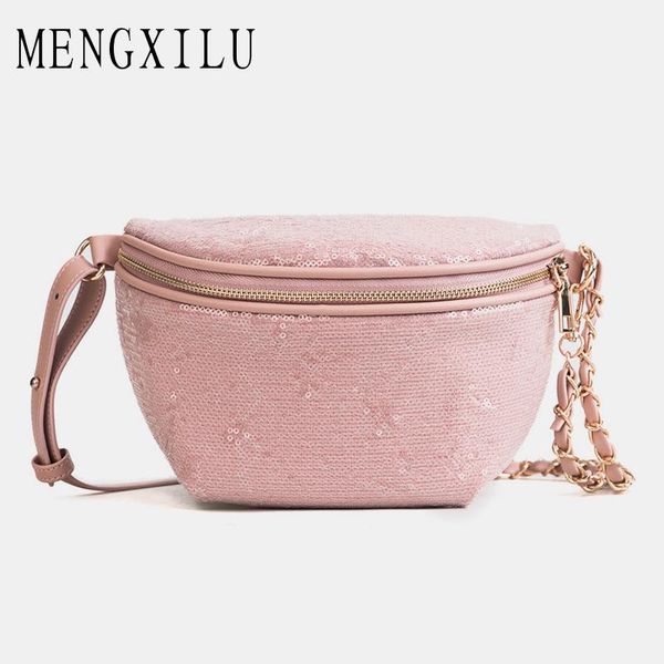 

mengxilu shine women waist bag ladies women's waist bag 2020 fashion chains belt messenger bags handbags women famous