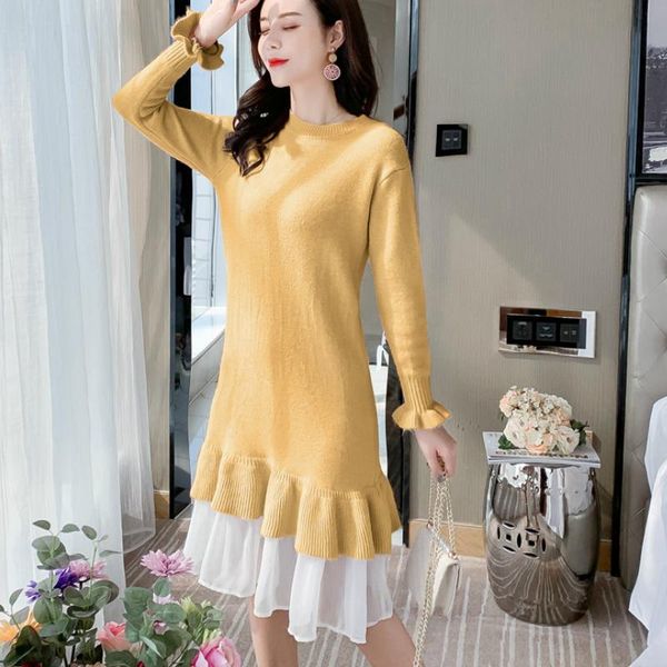 

winter women knitted sweater dress thick voile ruffles hem long sleeves ladies urban knee-length solid dress female oversize, Black;gray