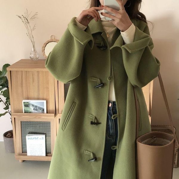 

autumn winter 2020 south korea ins double face cashmere coat women's loose ox horn button woolen coat retro long1, Black