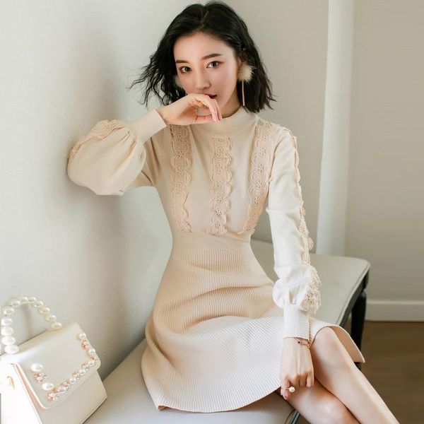 

women's sweaters elegant fashion women autumn winter sweet knit dress lady slim fit tunic a-line sweater dresses, White;black