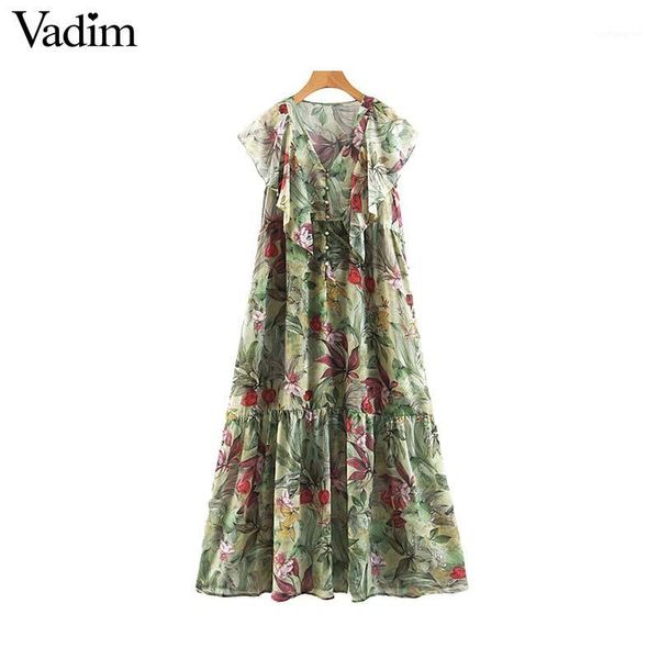 

vadim women ruffled floral print v neck ankle length dress short sleeve button design female summer casual long dress qb9261, Black;gray