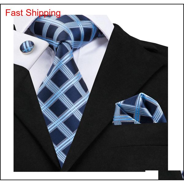 

hi-tie 100% silk tie set business men plaid blue necktie handkerchief cufflinks set ties for men wedding pa qyltlh mj_fashion, Blue;white