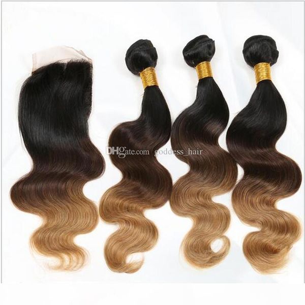 

9a indian body wave #1b #4 #27 ombre human hair 3 bundles with three tone honey bloned lace closure 4x4 4pcs lot, Black