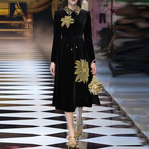 

aeleseen vintage autumn winter velvt dress runway fashion black women christmas dress luxury beading holiday party1, Black;gray