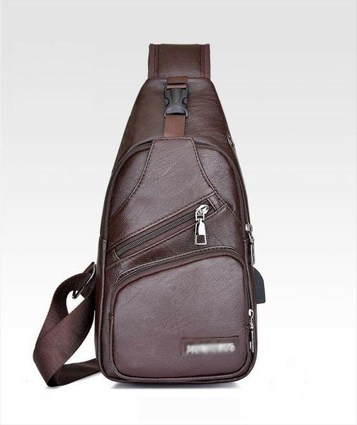 

2019 mens pu shoulder bag sling solid chest pack usb charging sports crossbody waist packs