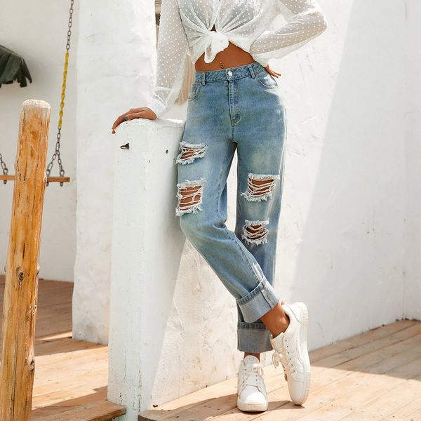 

pantalones vaqueros ajustados a la moda para mujer, vaqueros de cintura alta rasgados que combinan con todo, de estilo coreano sencillo, Blue