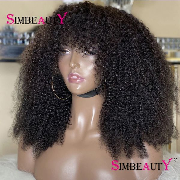 Afro Kinky Curly 250Dnsibeless Guleless Machine feita perucas com franja Mongolia Remy Human Human Fringe 4B 4C Wig para mulheres negras