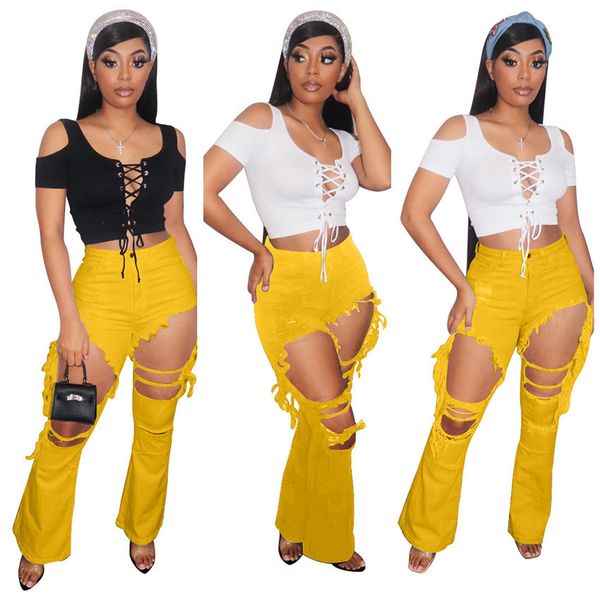 

2021 soild colors women's fashion hole flare jeans spring summer ladies girls trendy leggings pants clothes skinny pants plus size h121, White