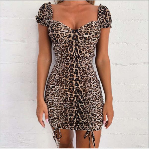 

summer 2020 square women's collar wind new leopard print open back pleated slim dress, Black;gray