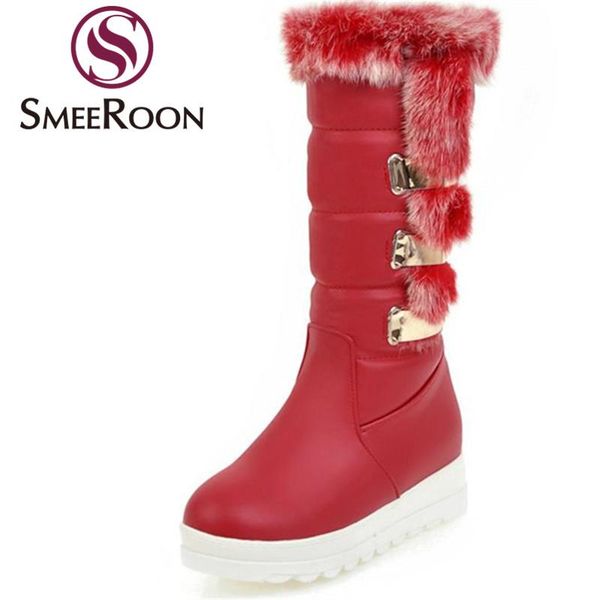 

smeeroon big size campus mid calf boots for women round toe winter boots low heels metal decoration shoes, Black