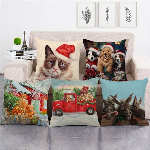 

wholesale pillowcase cat and dog donkey happy christmas pillow cover linen/cotton sofa cushion cover decorative pillows