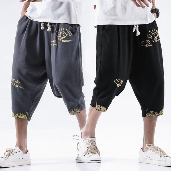 

chinese style linen casual shorts with cloud embroidery cotton and pendant feeling seven minutes pants1, White;black
