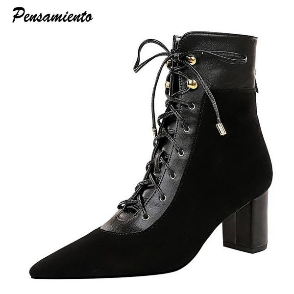

brand women boots fashion cross-tied faux suede ankle boots vintage high heels autumn winter short shoes, Black